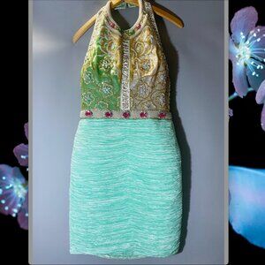 Mary McFadden 1980s Short Beaded Crinkle Pleat Halter Dress Size 8 (XS-S)